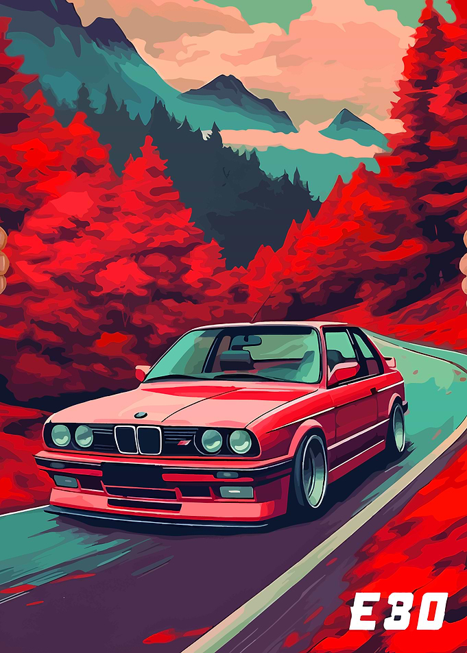 Red BMW E30 in Autumn Landscape