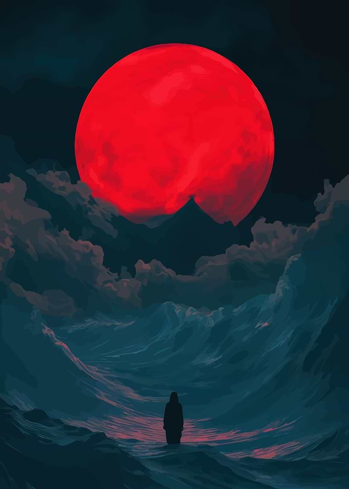 Red Moon Over Ocean Waves
