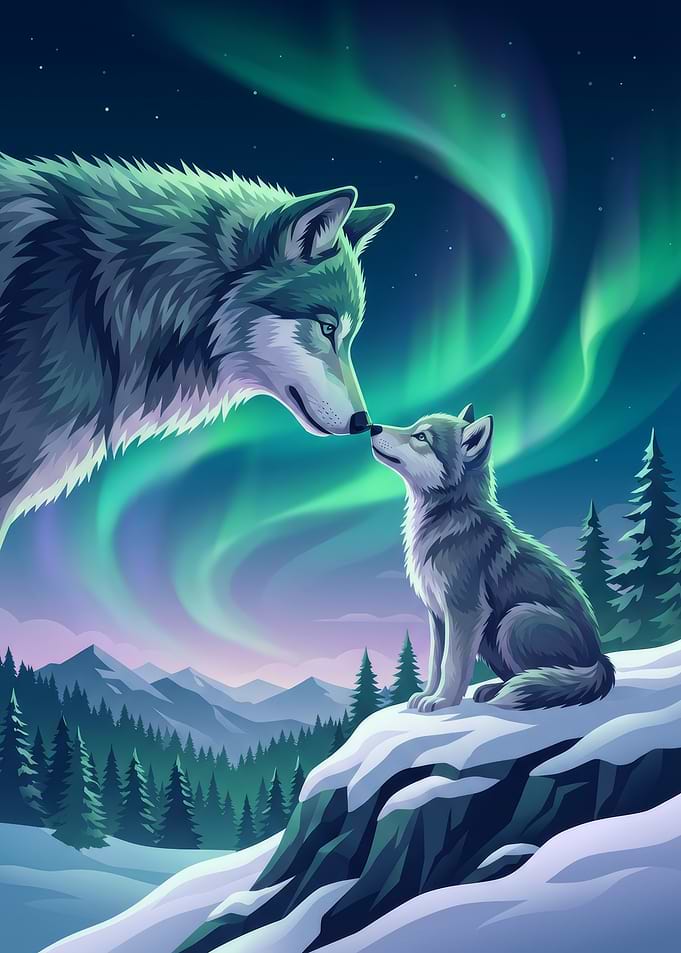 Wolf and Cub Under Aurora Borealis