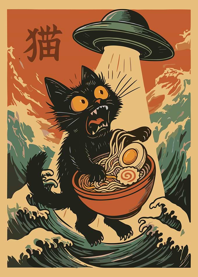 Alien Cat Ramen Poster, Japanese UFO Art Print, Funny Anime Cat Wall Decor