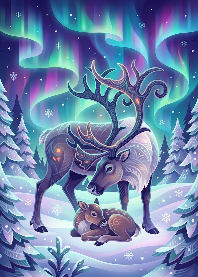 Reindeer Family Under Aurora Borealis