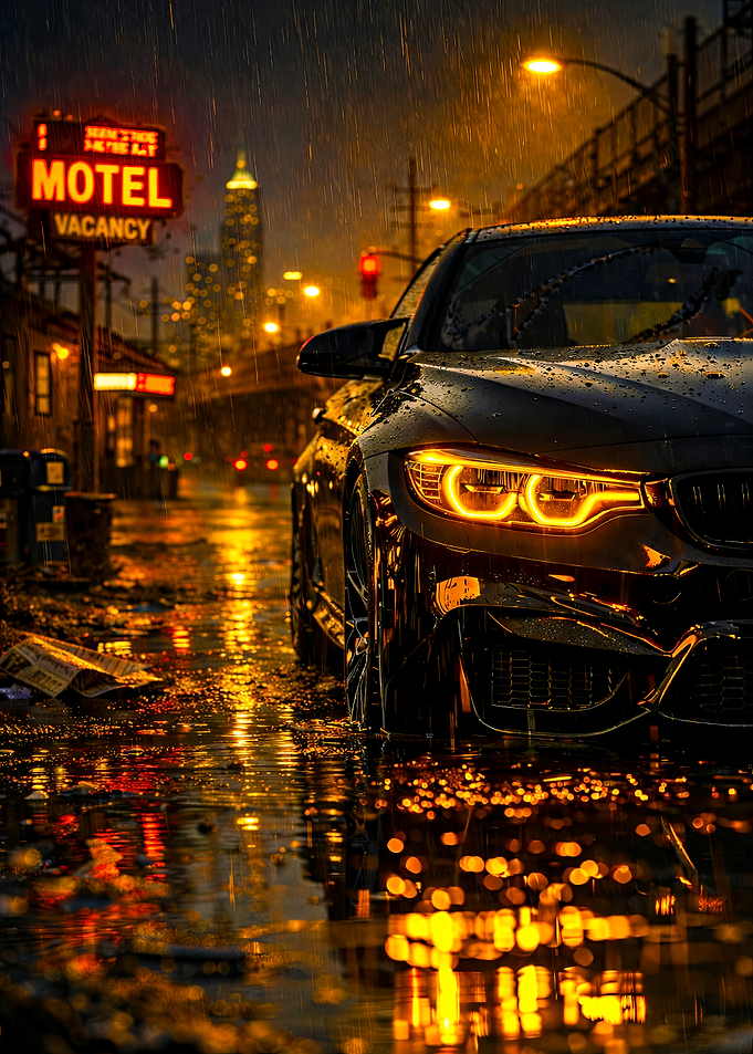 Car in Rainy Cityscape at Night gold light