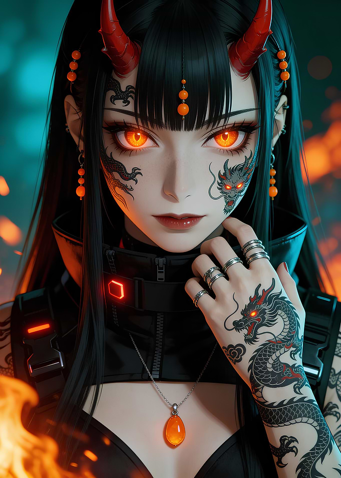 Anime Girl with Dragon Tattoos and Horns