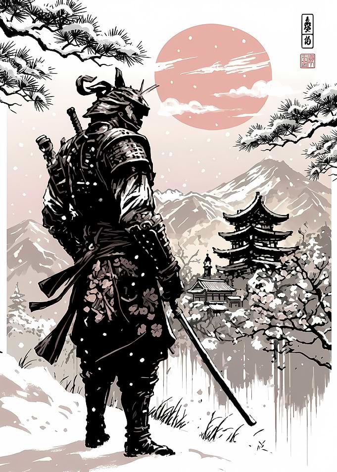 Samurai in Winter Landscape