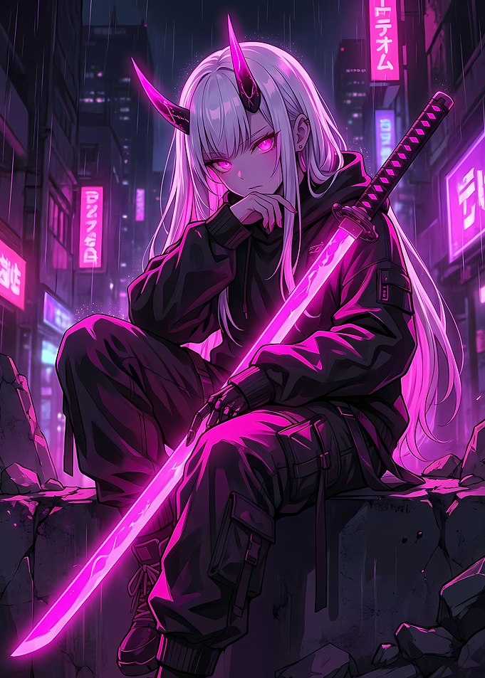 Cyberpunk Oni Girl with Neon Katana