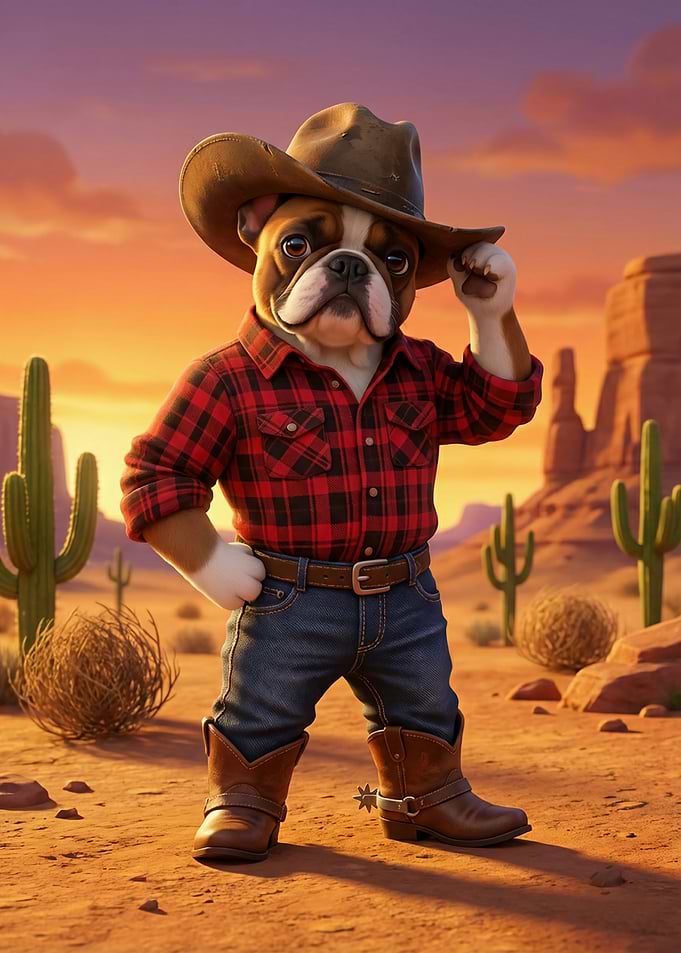 Bulldog Cowboy in Desert Landscape