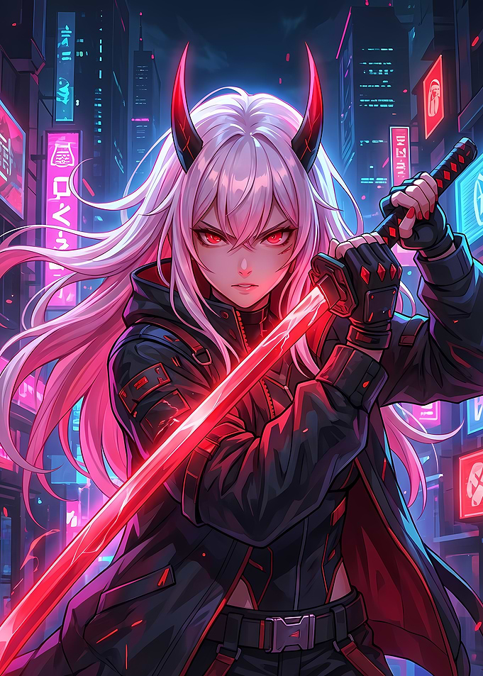 Cyberpunk Oni Girl with Katana