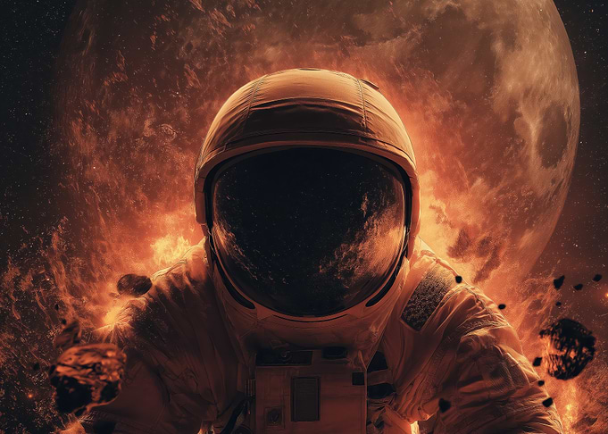Astronaut in Space with Burning Moon