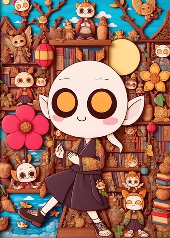 Cartoon Character with Owl-like Figures