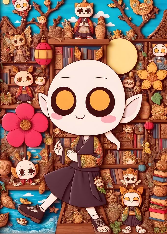 Cartoon Character with Owl-like Figures