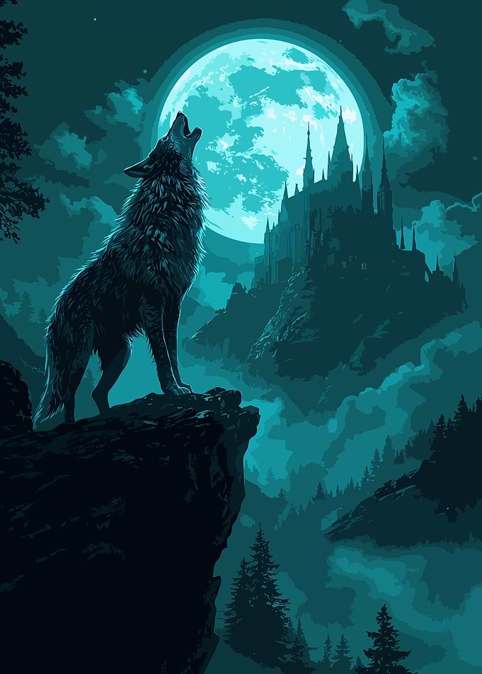 Wolf Howling at Moonlit Castle