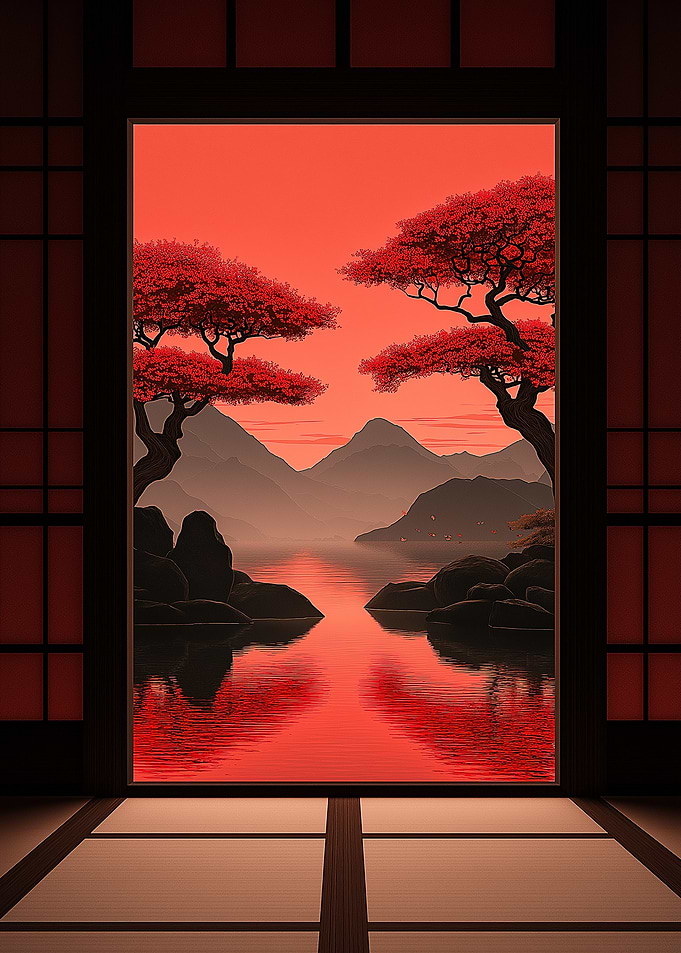 Red Japanese Landscape Through Shoji Screen