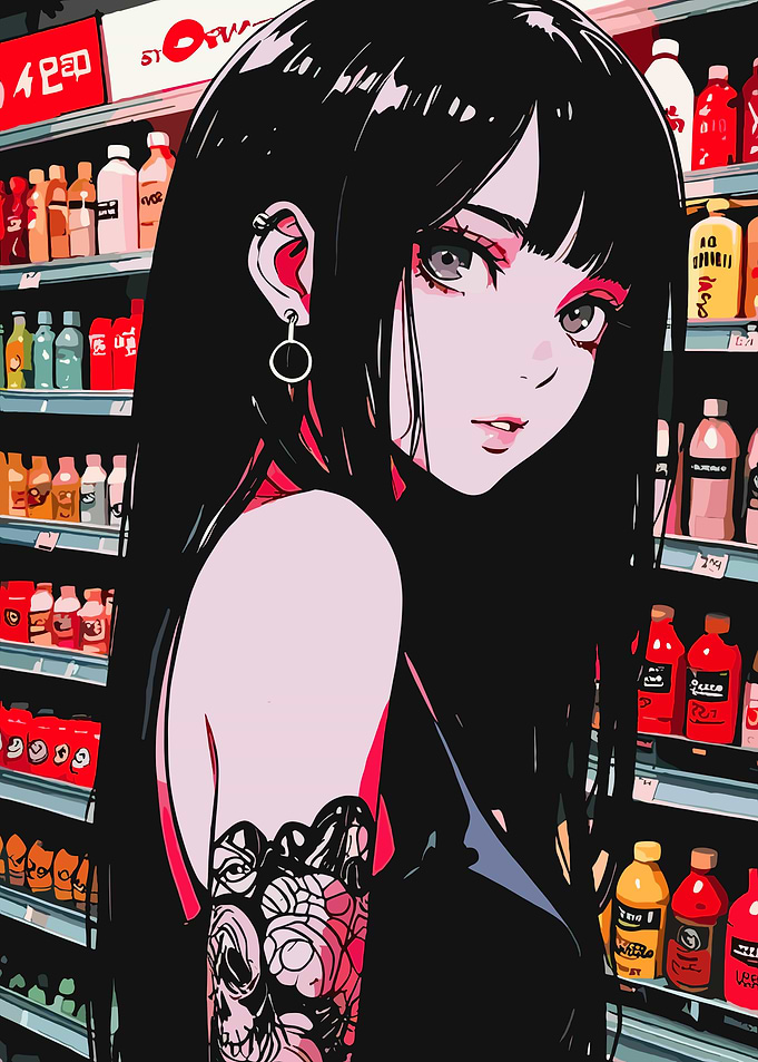 Anime Girl in Supermarket Aisle