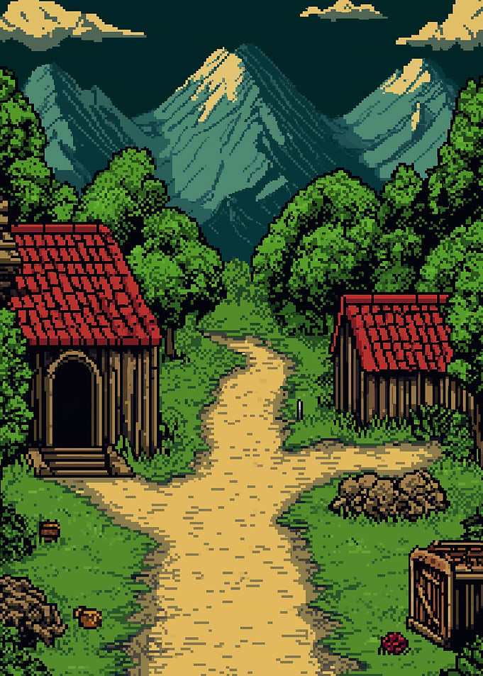Pixel Art Landscape with Path and Buildings
