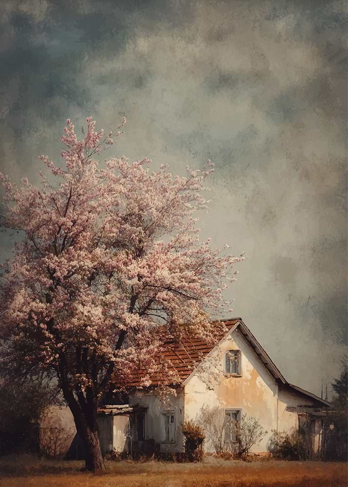 Blossom Tree by Old House