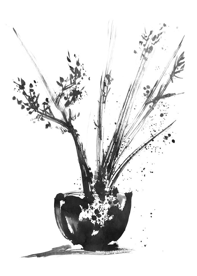 Ink Wash Painting of Floral Arrangement