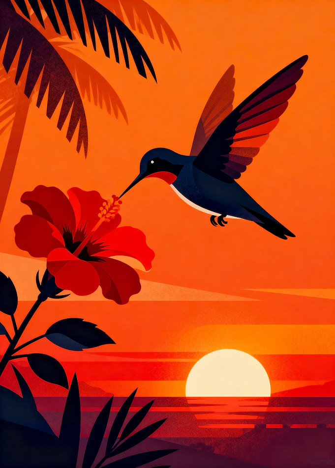 Hummingbird and Hibiscus at Sunset