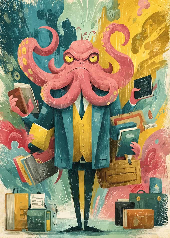 Octopus Businessman with Books and Briefcases