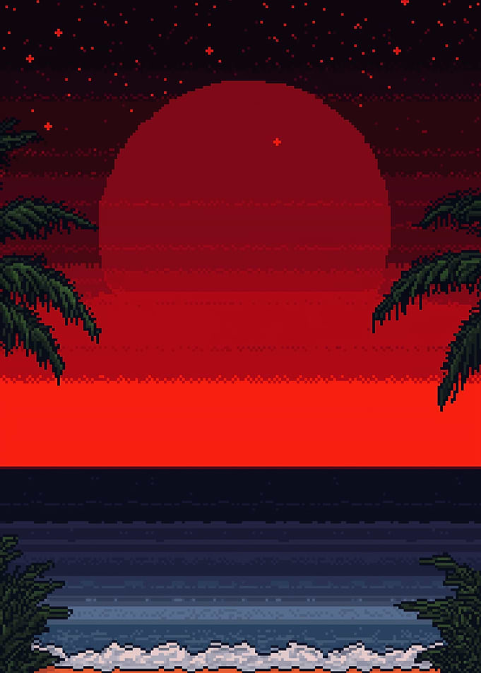 Pixel Art Sunset Beach Scene