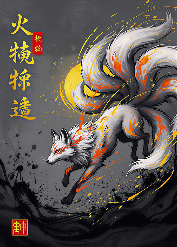 Nine-tailed Kitsune Under Moonlight