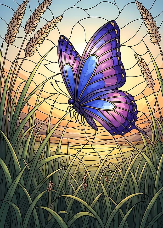 Butterfly in Meadow Stained Glass Style