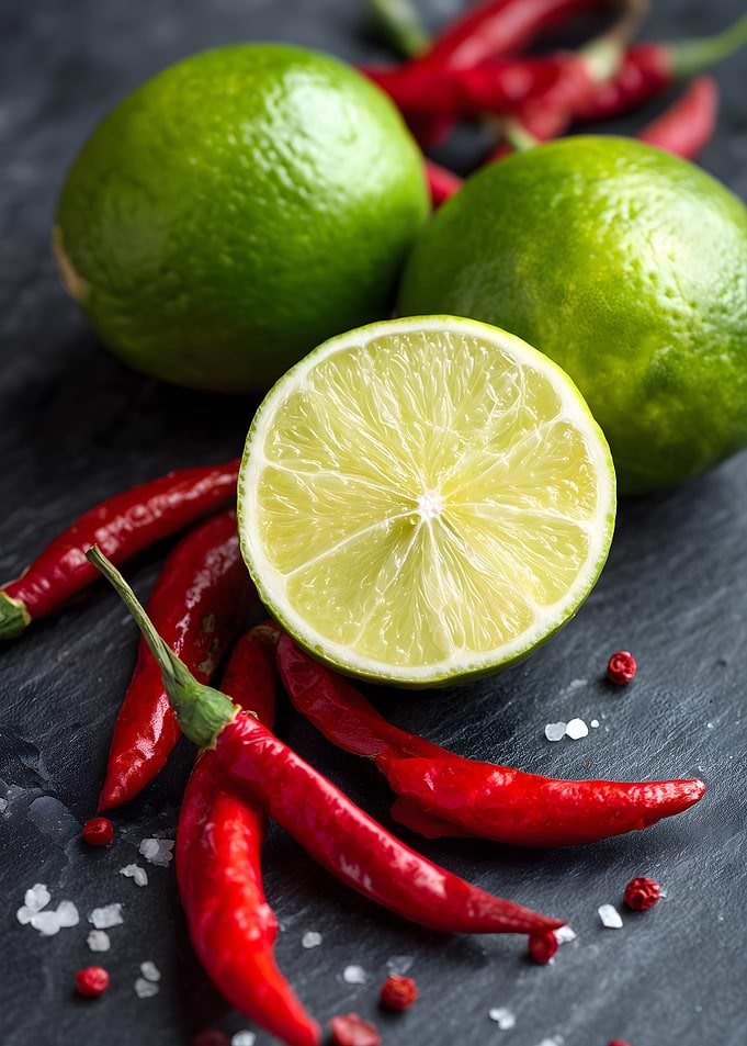 Limes and Red Chili Peppers Still Life