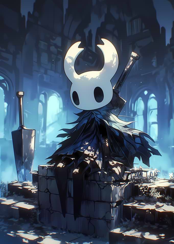 Hollow Knight Sitting in Blue Ruins
