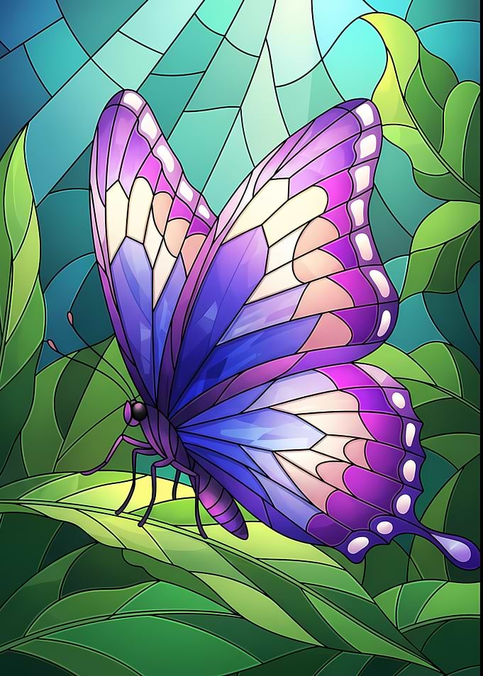 Purple Butterfly on Green Leaves