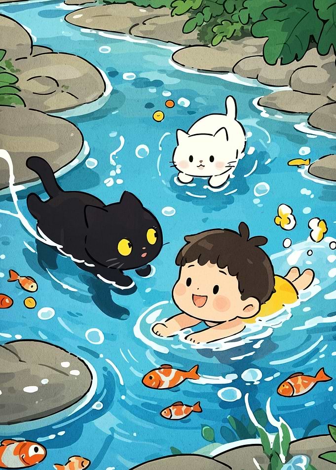 Boy and Cats Swimming in River
