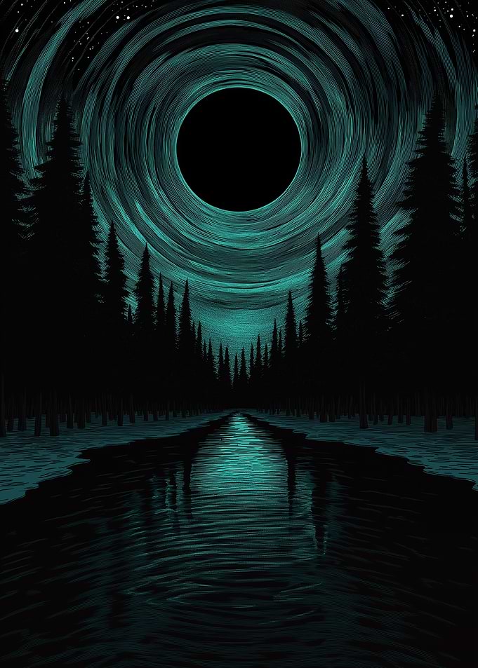 Eerie Forest Lake with Dark Sky