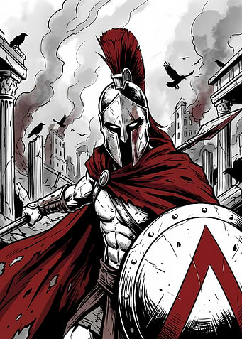 Spartan Warrior in Ruined Cityscape