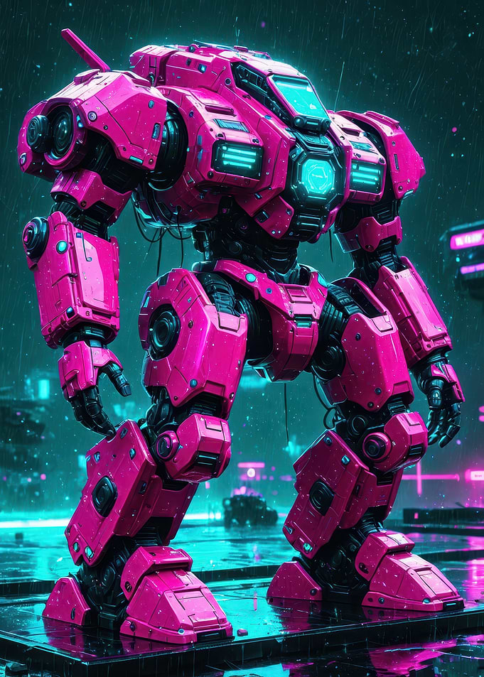 Neon Pink Combat Mech in a Rainy Cyberpunk City
