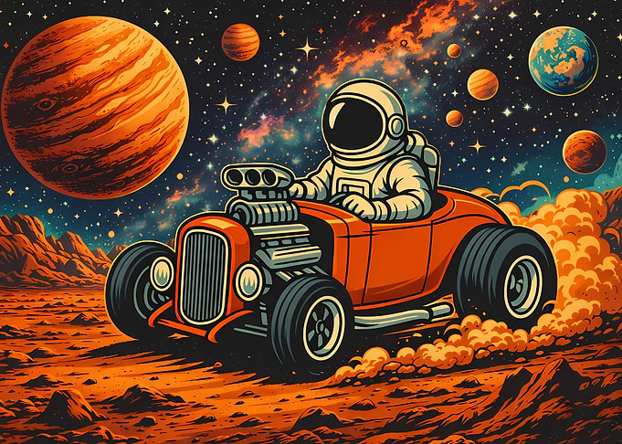Astronaut driving hot rod on Mars