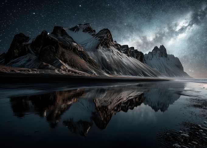 Mountain Reflection Under Starry Night Sky