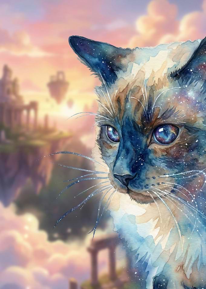 Watercolor Cat in Fantasy Landscape