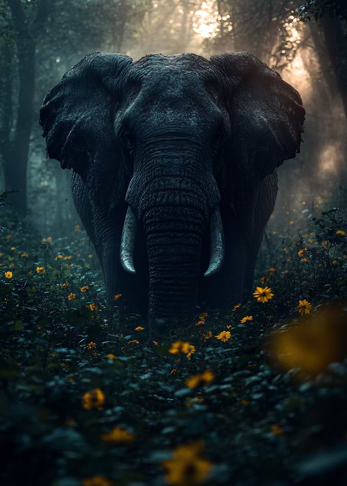 Elephant in Forest with Yellow Flowers