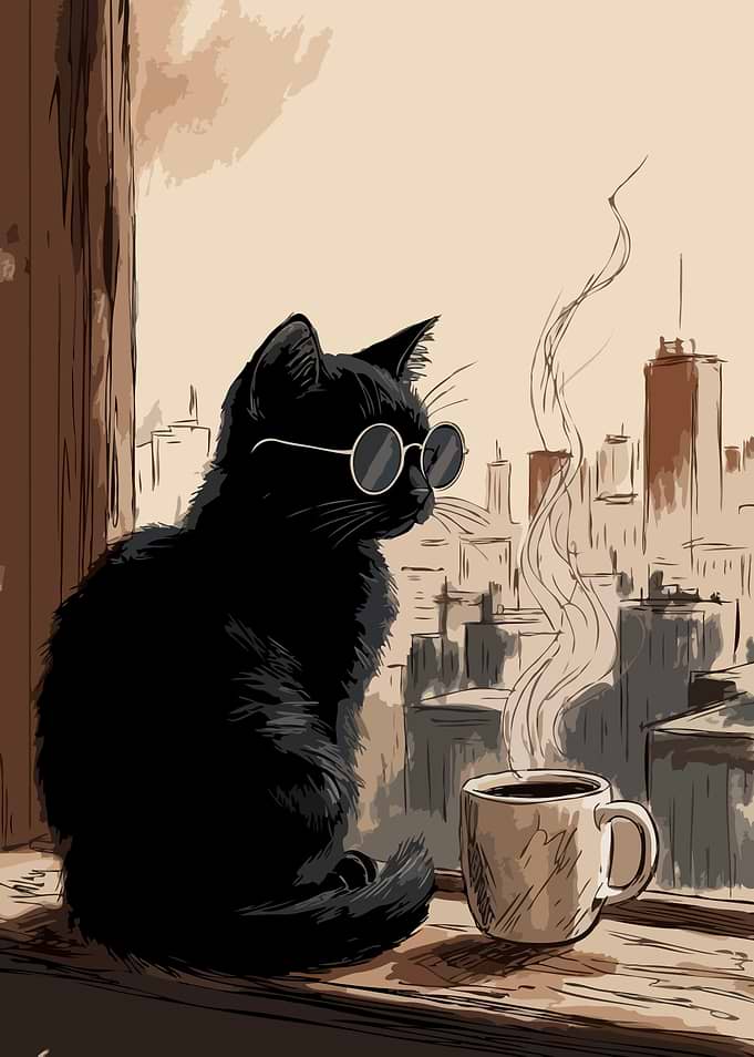 Cool Cat with Coffee in City