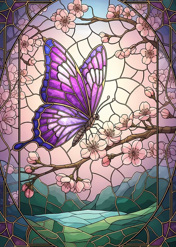 Butterfly and Cherry Blossoms Stained Glass