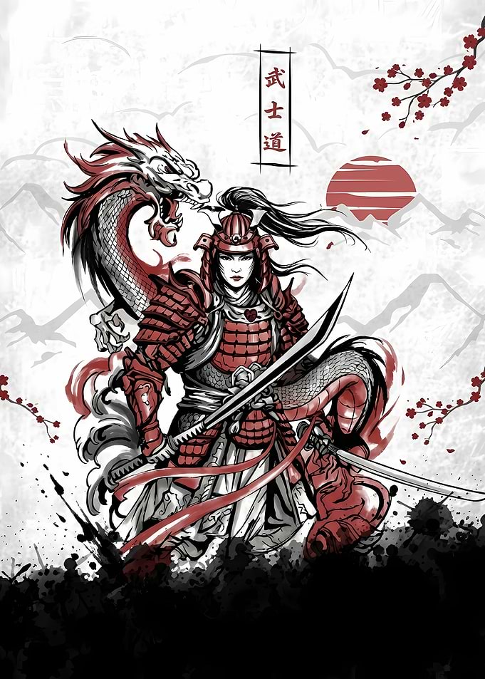 Samurai Warrior with Dragon Illustration