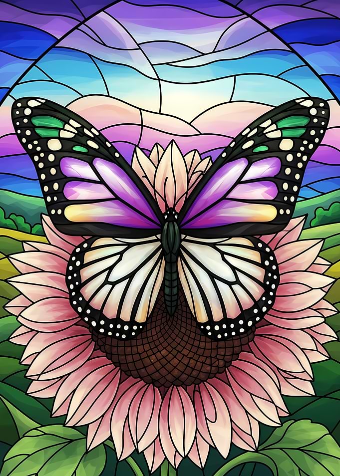 Butterfly on Sunflower Stained Glass Style
