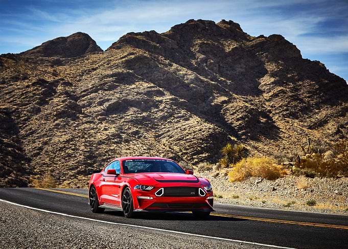Red Mustang on Desert Road