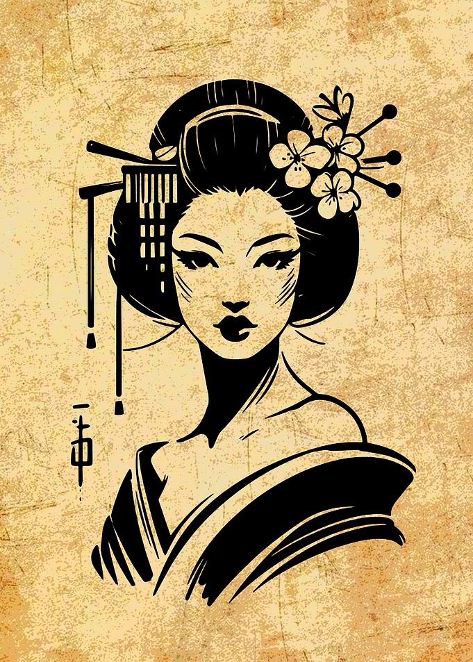 Geisha Portrait in Black and Beige