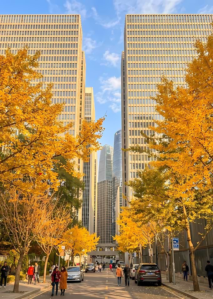 Autumn Cityscape with Golden Trees