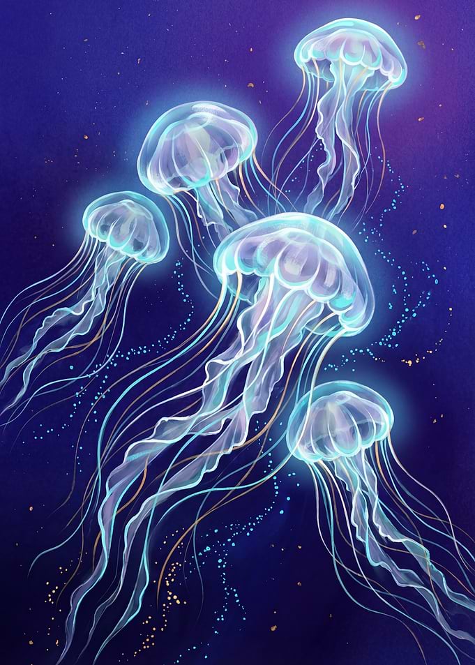 Glowing Jellyfish in Deep Blue Sea