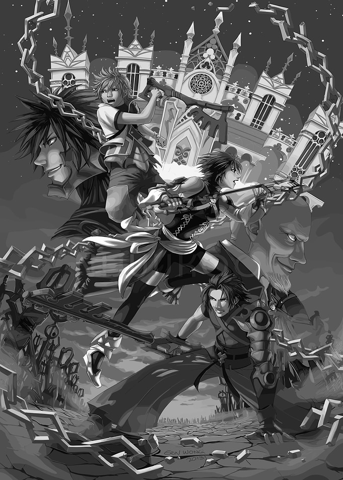 Kingdom Hearts characters grayscale artwork