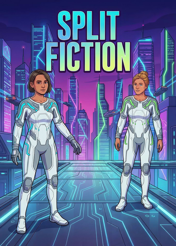 Split Fiction: Futuristic Cityscape with Characters