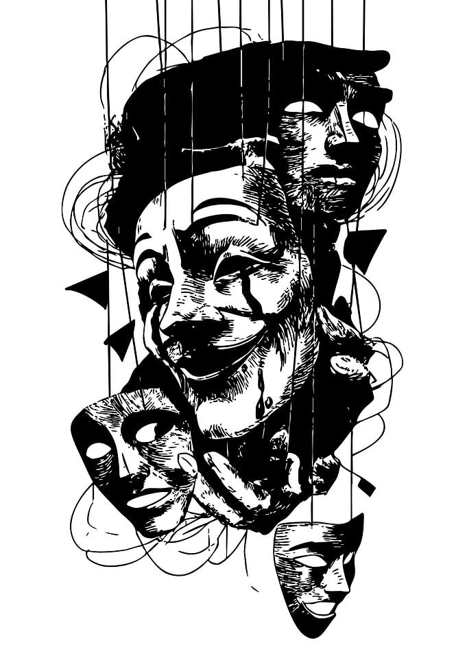 Masks and Strings Black and White Art