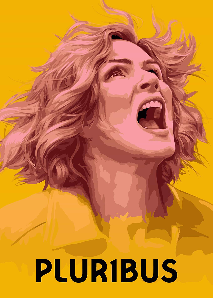 Woman shouting with Pluribus text