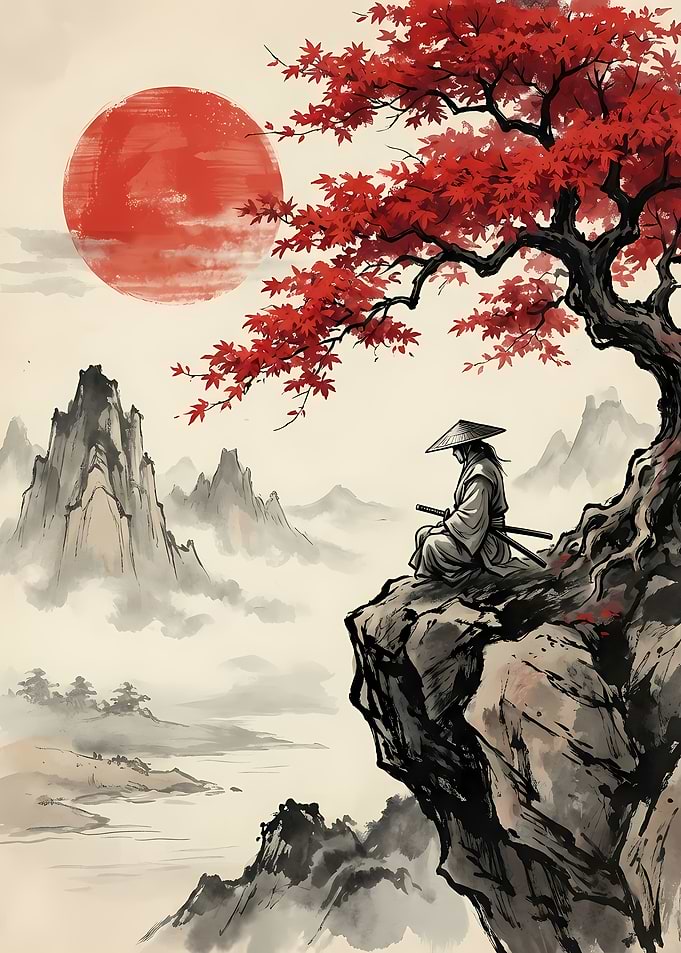 Samurai Contemplation Under Red Maple Tree