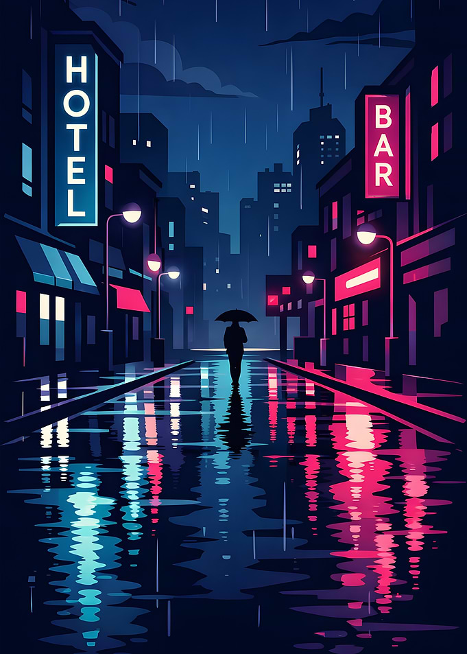 Rainy City Nightscape with Figure